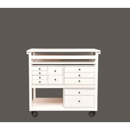 Closed white Couture workshop cabinet with 11 black lens drawers