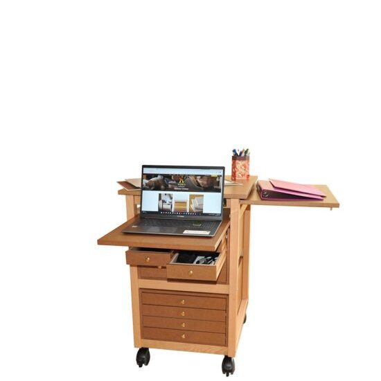 Compact rolling desk with open drawers and extended worktop