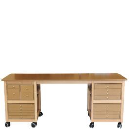Front view of The Desk XL solid wood and MDF desk with modular drawers