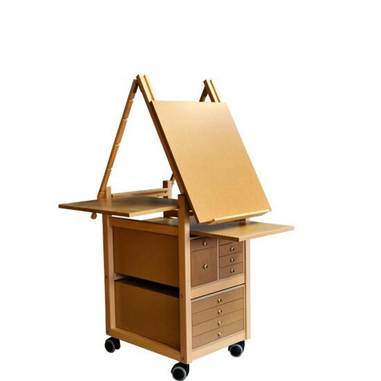 ooden mobile easel with adjustable drawing board and storage drawer on wheels
