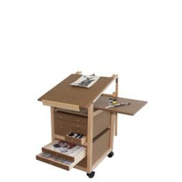 Easel with drawers, 3/4 right view, top board tilted 20°, side board visible, drawer open with painting supplies