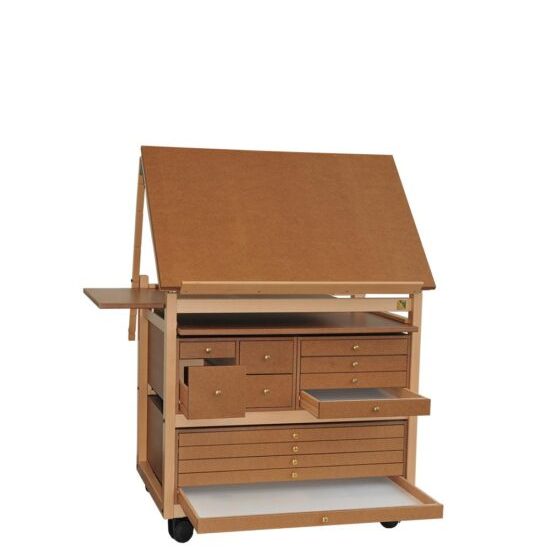 Lower tray on watercolor easel for seated painting