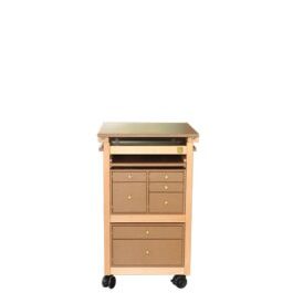 Front view of the small sewing cabinet, wood finish, drawers and trays all closed