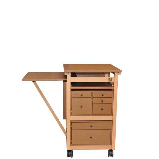 Side view of The MAC S sewing cabinet showing the extended sliding side tray