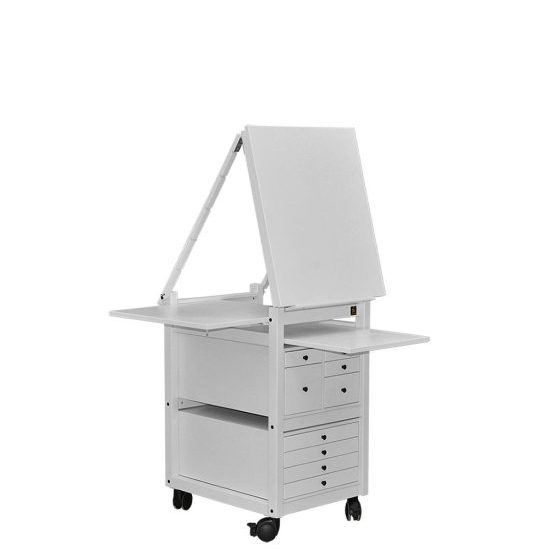 easel with drawers fully open and canvas tilted