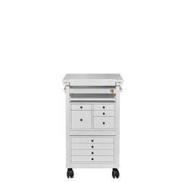 Front view of closed painter’s easel with drawers on wheels