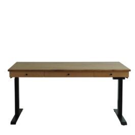 A full shot of the wooden sit-stand desk in the low position