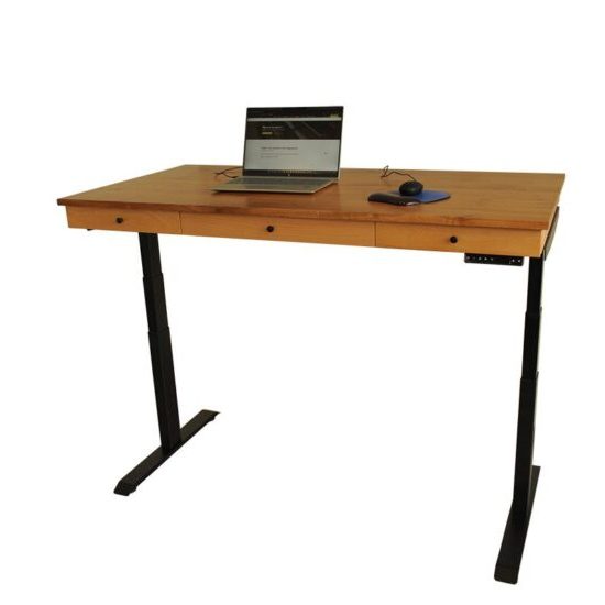 Arthur’s wooden sit-stand desk front view with steel legs