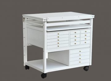 White embroidery workshop cabinet with 17 drawers