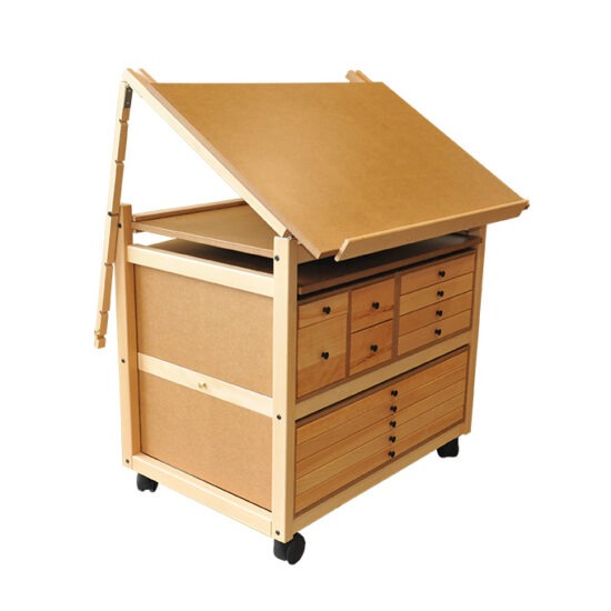 Art studio furniture with side drawer, medium front, closed brass lens