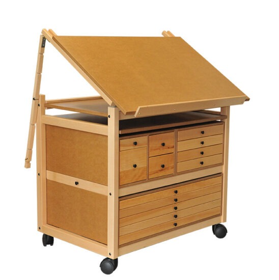 Art studio furniture with solid fronts and closed side drawer